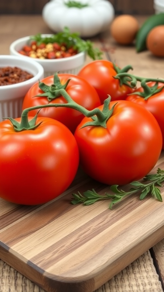 Fresh ripe tomatoes on a cutting board in a rustic kitchen setting.